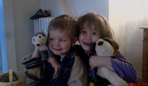 Photo: Balder & Synnøve show their plush animals one early morning in March, 2006